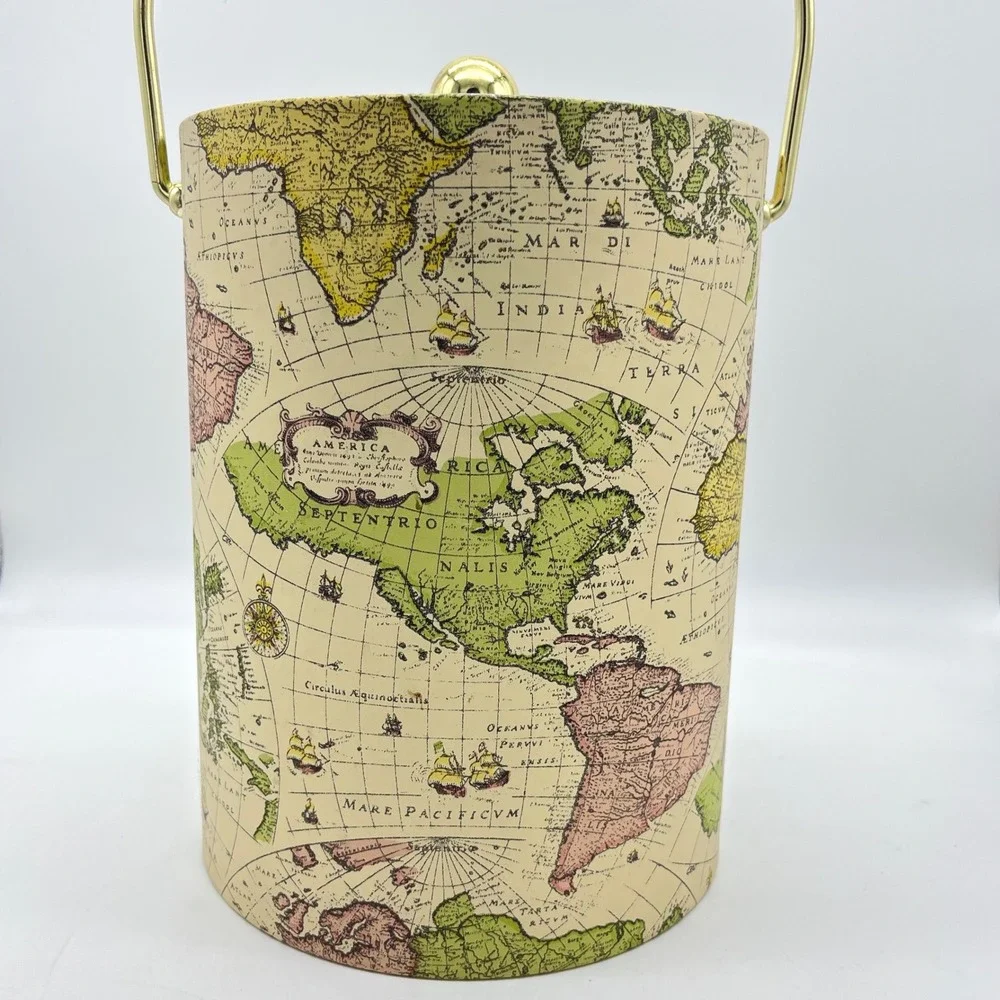 Mr Ice Bucket World Map 5‎ quart Gold Handle Lid Barware Home Decor
